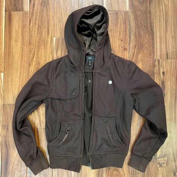 OBEY Rebel Yell Fleece Juniors Brown Faux Cracked Leather Zip Up Hooded Jacket. - Picture 7 of 14